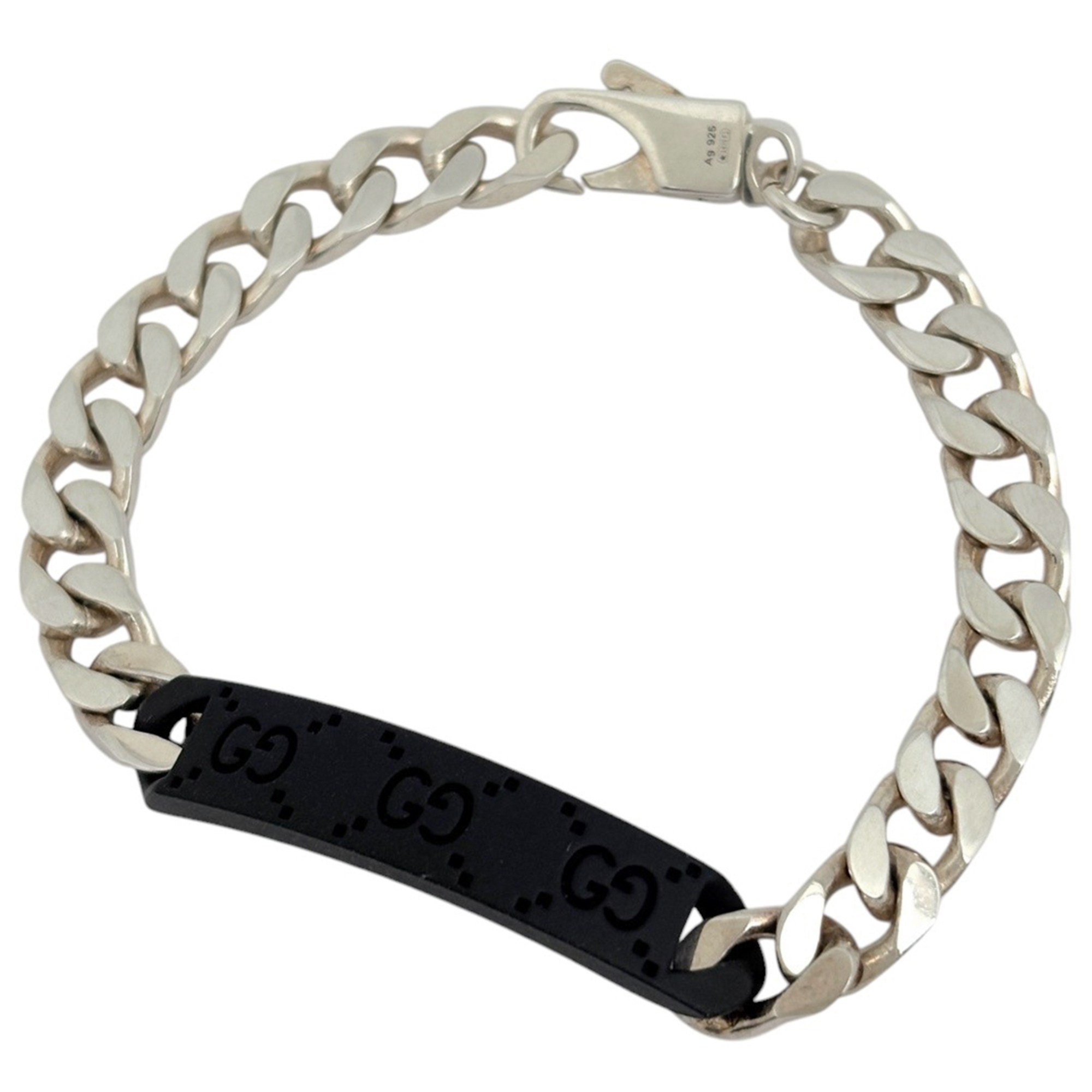 Gucci Logo Bracelet Plate, Sterling Silver (925), Silver, Black, Women's.